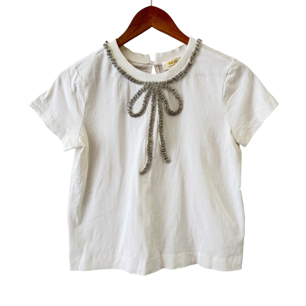 Maeve Rhinestone Bow T Shirt Womens XS Petite White Embellished Holiday Feminine